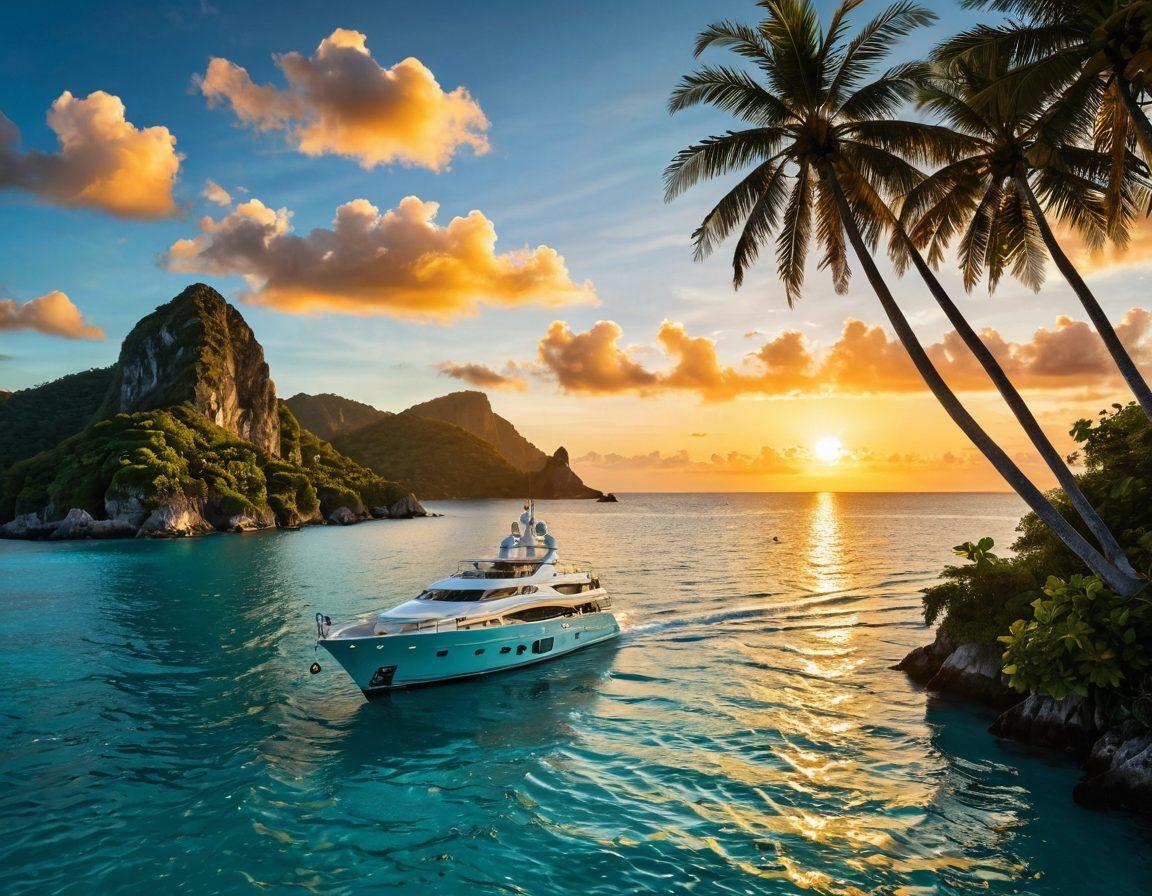 A majestic yacht sailing through crystal-clear turquoise waters, surrounded by lush tropical islands, with a background showing a sunset casting warm golden hues over the scene. Illustrate various elements of yacht insurance, like a shield icon, policy documents, and lifebuoys symbolically integrated into the ocean waves. Vibrant colors, serene atmosphere, super-realistic.