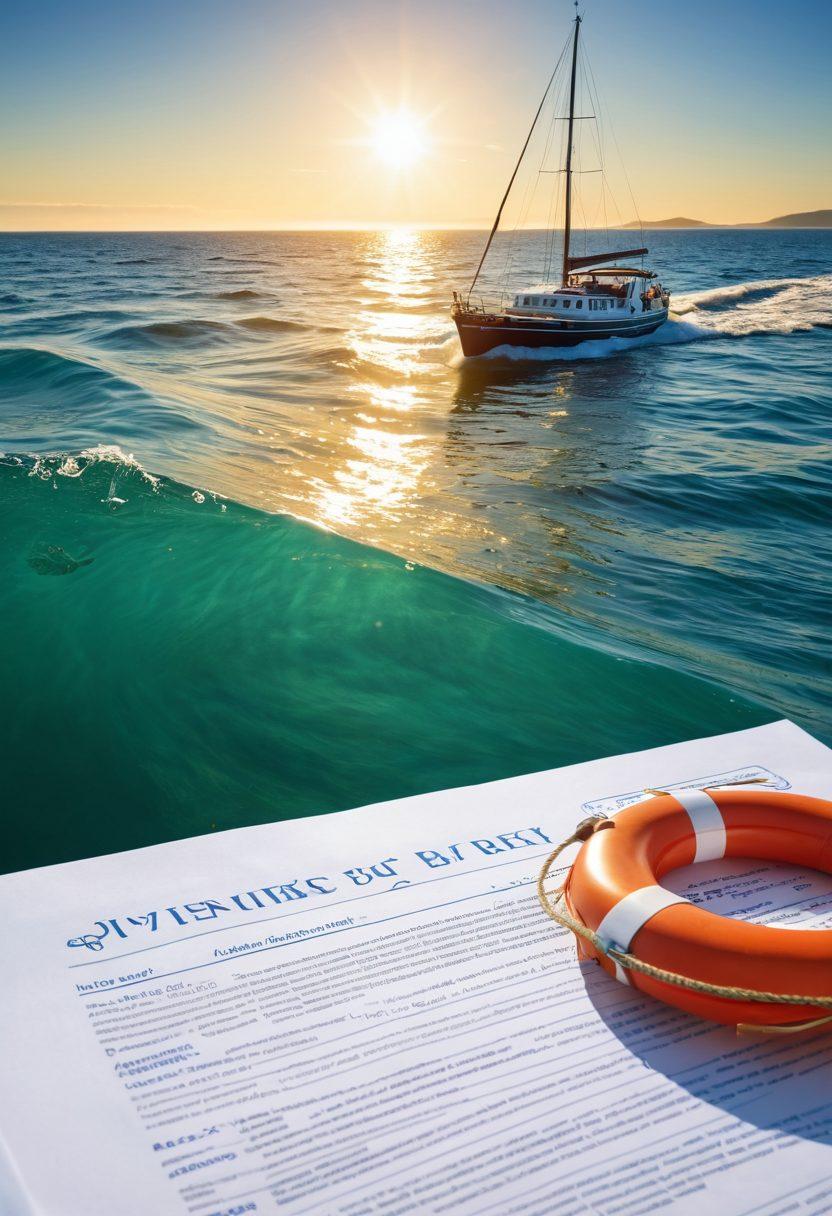A serene seaside scene featuring a majestic yacht gracefully sailing across gentle waves under a bright blue sky. In the foreground, a group of diverse sailors is examining a detailed insurance policy document while discussing safety measures. Include nautical elements like a compass and lifebuoy nearby, conveying a sense of preparedness. Highlight the sun reflecting off the water to evoke a sense of tranquility and adventure. super-realistic. vibrant colors. nautical theme.